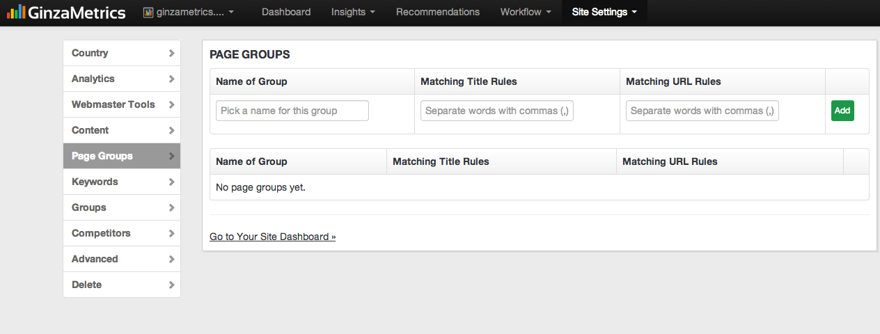 GinzaMetrics Page Groups Setup